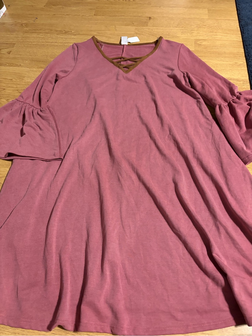 A Classy Chic Boutique Dusty Rose V-Neck Bell Sleeve Tunic with Brown Trim
